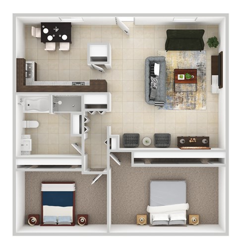 A top down view of a small apartment with a kitchen, living room, and bedroom.